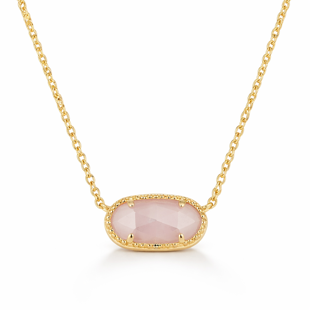 Gold Oval Pink Stone Pendant Necklace