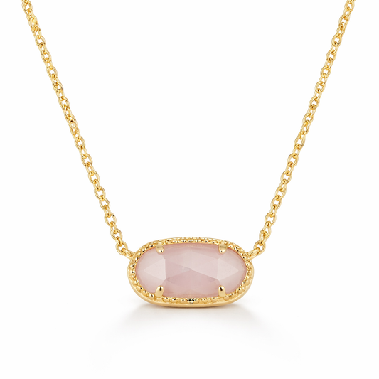 Gold Oval Pink Stone Pendant Necklace
