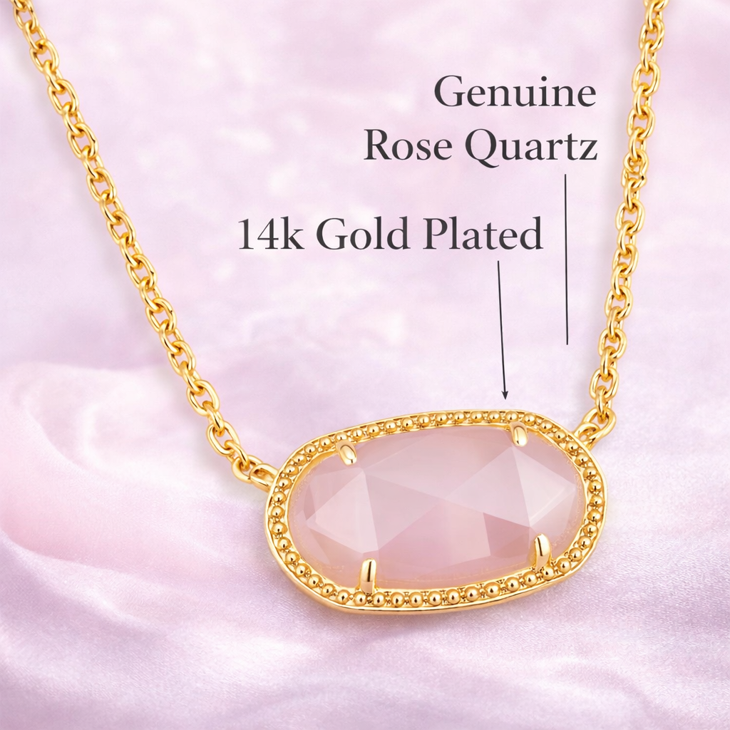 Gold Oval Pink Stone Pendant Necklace