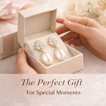 Gold Fan Crystal Pearl Drop Earrings