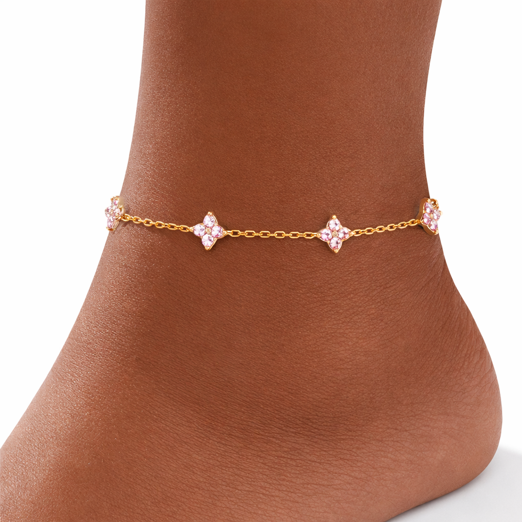 Gold Pink Floral Charm Anklet