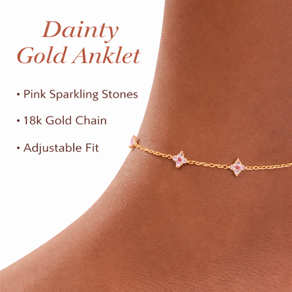 Gold Pink Floral Charm Anklet