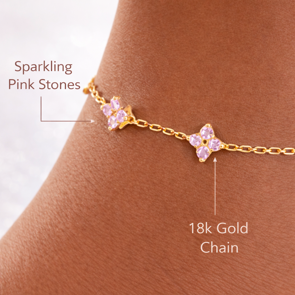 Gold Pink Floral Charm Anklet