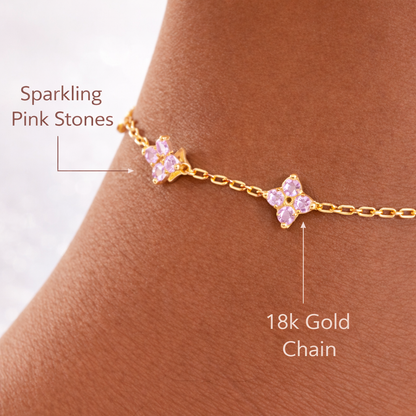 Gold Pink Floral Charm Anklet