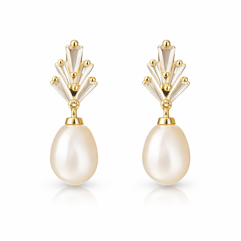 Gold Fan Crystal Pearl Drop Earrings