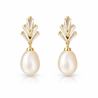 Gold Fan Crystal Pearl Drop Earrings