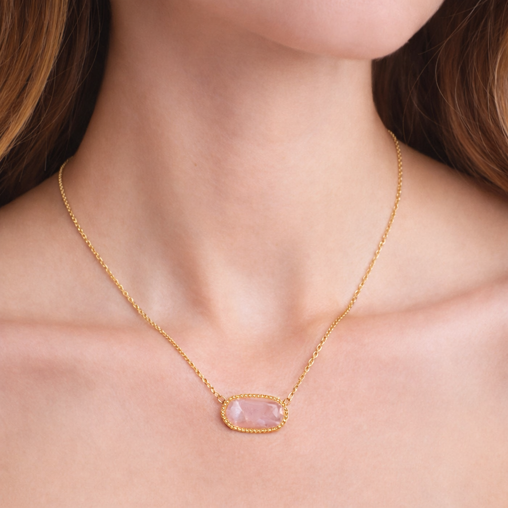Gold Oval Pink Stone Pendant Necklace