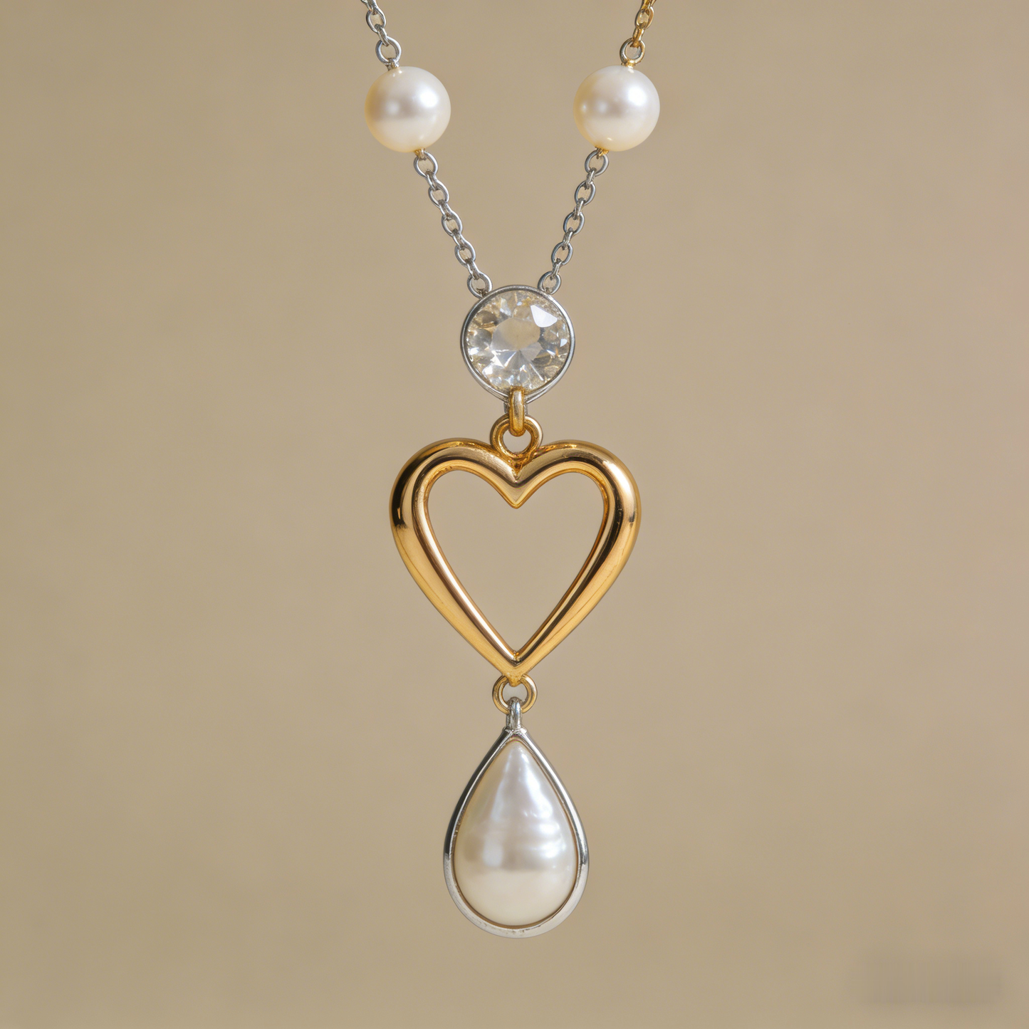 💖 "Mixed Metal Heart & Pearl Necklace" – Two-Tone Chain | Open Heart Pendant with Drop Pearl | Timeless Romance 📿