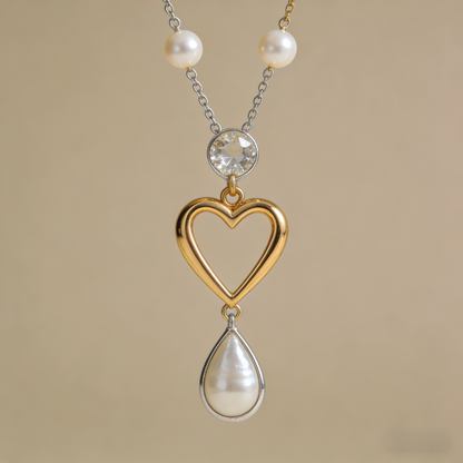 💖 "Mixed Metal Heart & Pearl Necklace" – Two-Tone Chain | Open Heart Pendant with Drop Pearl | Timeless Romance 📿