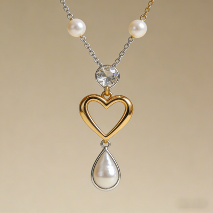 💖 "Mixed Metal Heart & Pearl Necklace" – Two-Tone Chain | Open Heart Pendant with Drop Pearl | Timeless Romance 📿