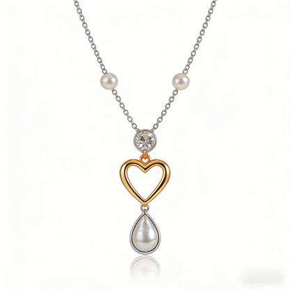 💖 "Mixed Metal Heart & Pearl Necklace" – Two-Tone Chain | Open Heart Pendant with Drop Pearl | Timeless Romance 📿
