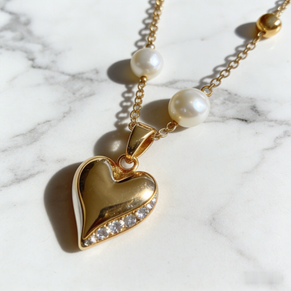 🌸 "Pearl Chain with Heart Pendant" – Lustrous Pearls & Gold Beads | Gold Heart with Stone Accent | Feminine Charm 🎀