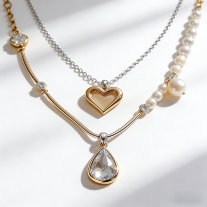 💝"Layered Heart & Pearl Necklace" – Double Chain Design | Gold Heart & Pave Accents | Modern Layering Trend ⛓️