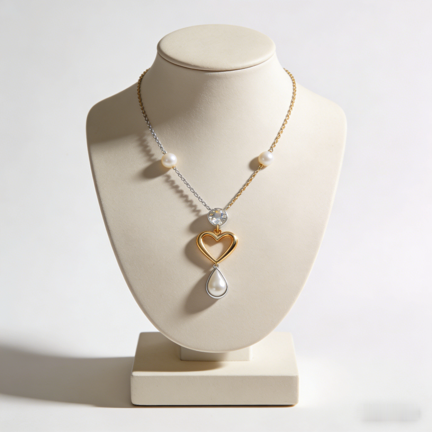 💖 "Mixed Metal Heart & Pearl Necklace" – Two-Tone Chain | Open Heart Pendant with Drop Pearl | Timeless Romance 📿