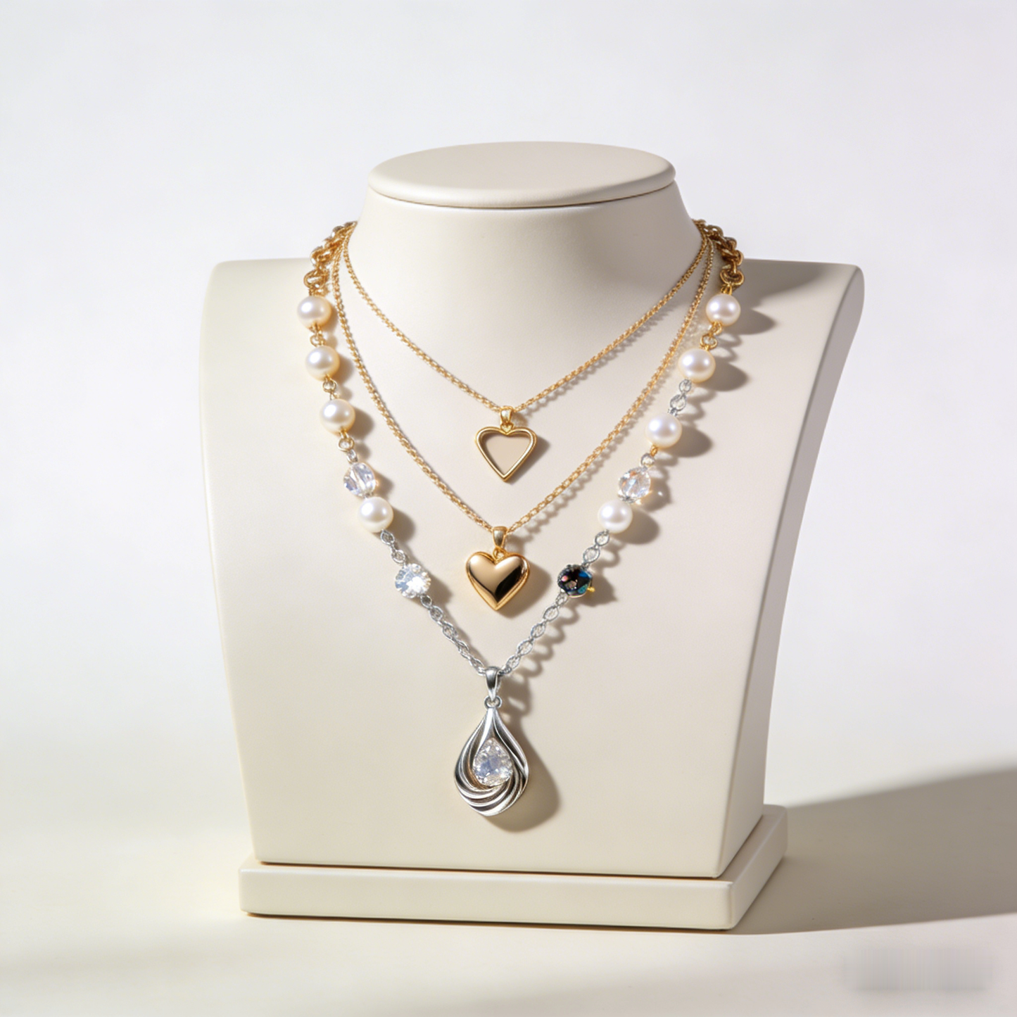 👑 "Triple Layer Mixed Heart & Pearl" – 3-Strand Design | Gold Heart, Pave Heart & Pearl | Statement Luxury 💎